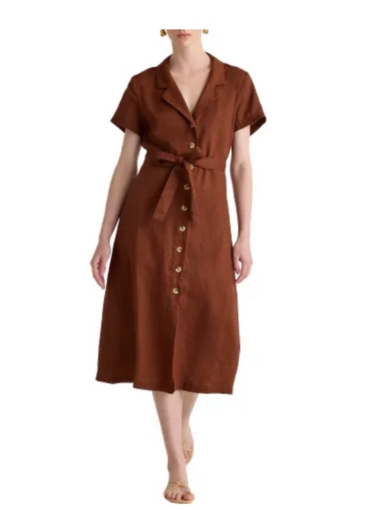 Quince Dresses & Skirts - Quince Brown Button-Front Midi Shirt Dress with Tie Waist 100% European Linen